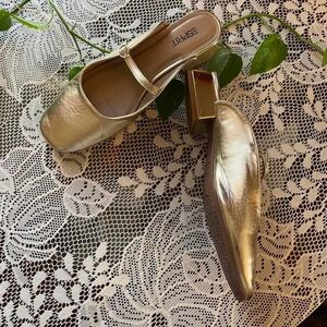 Gold leather ballet flat mules with adjustable ankle strap and square toes